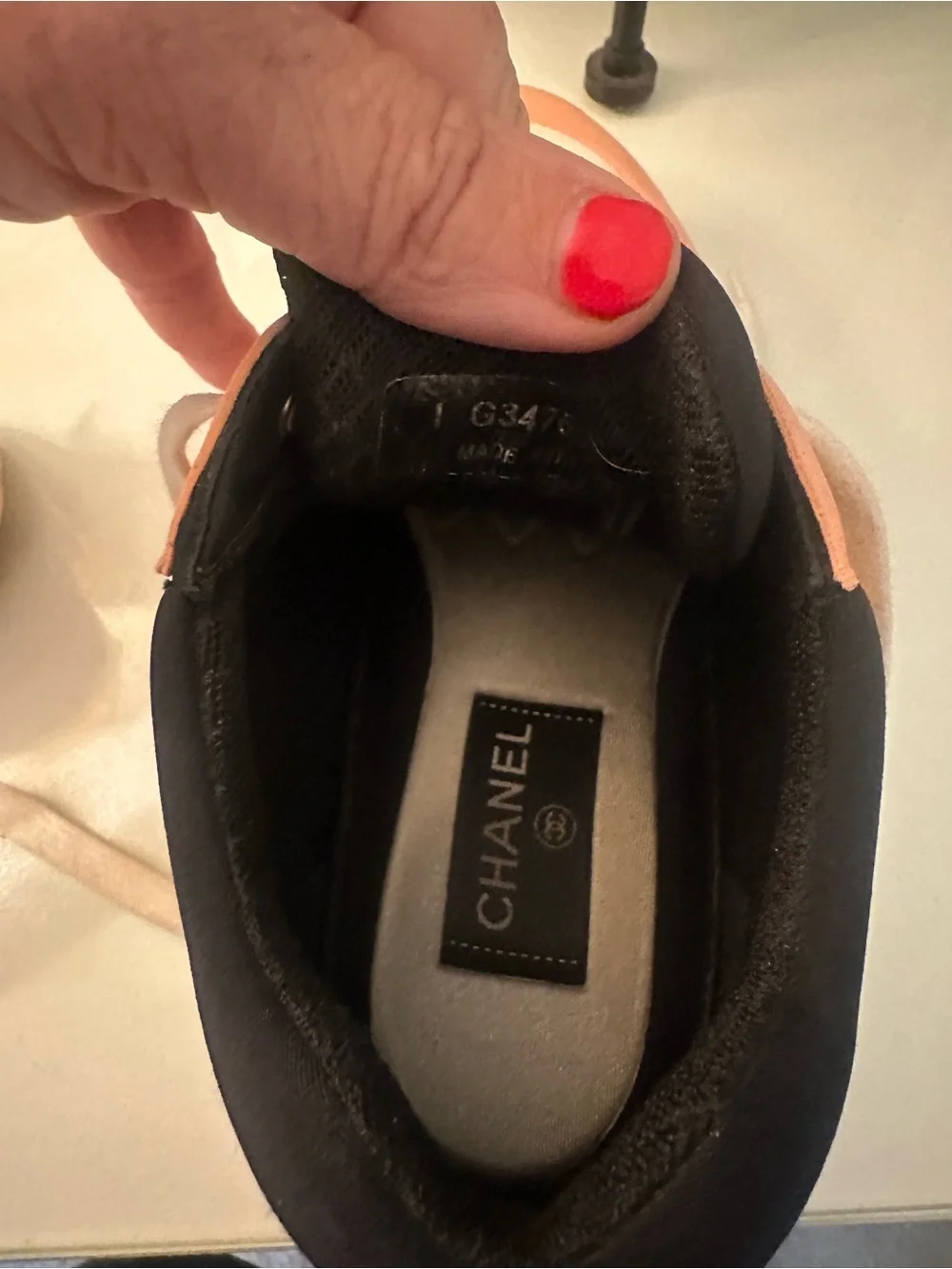 CHANEL Coral/Peach and White CC Logo Lace-Up Sneakers